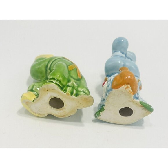 2 Vintage Tumbling Circus Clowns Ceramic Miniature Japan MCM Green Blue 2.25” - Picture 6 of 9